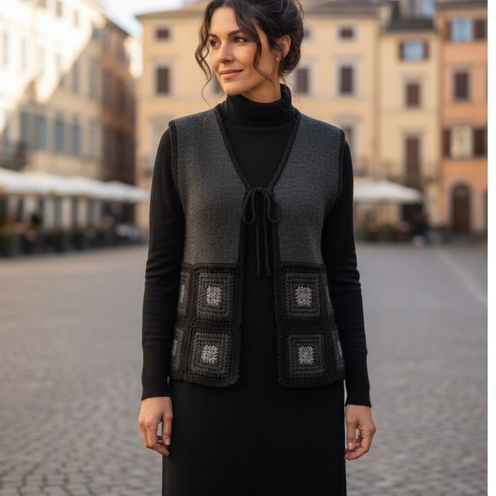 Nina Leonard Crochet Knit Dress Gray Granny‎ Square Long Sleeve Black Wool Blend